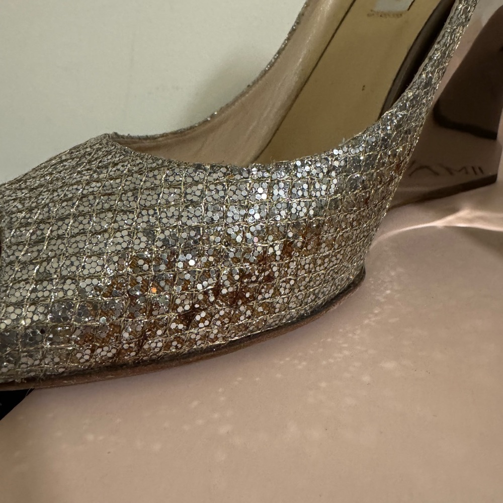 Jimmy Choo Champagne Glitter Peep-Toe Heels - Picture 5 of 12